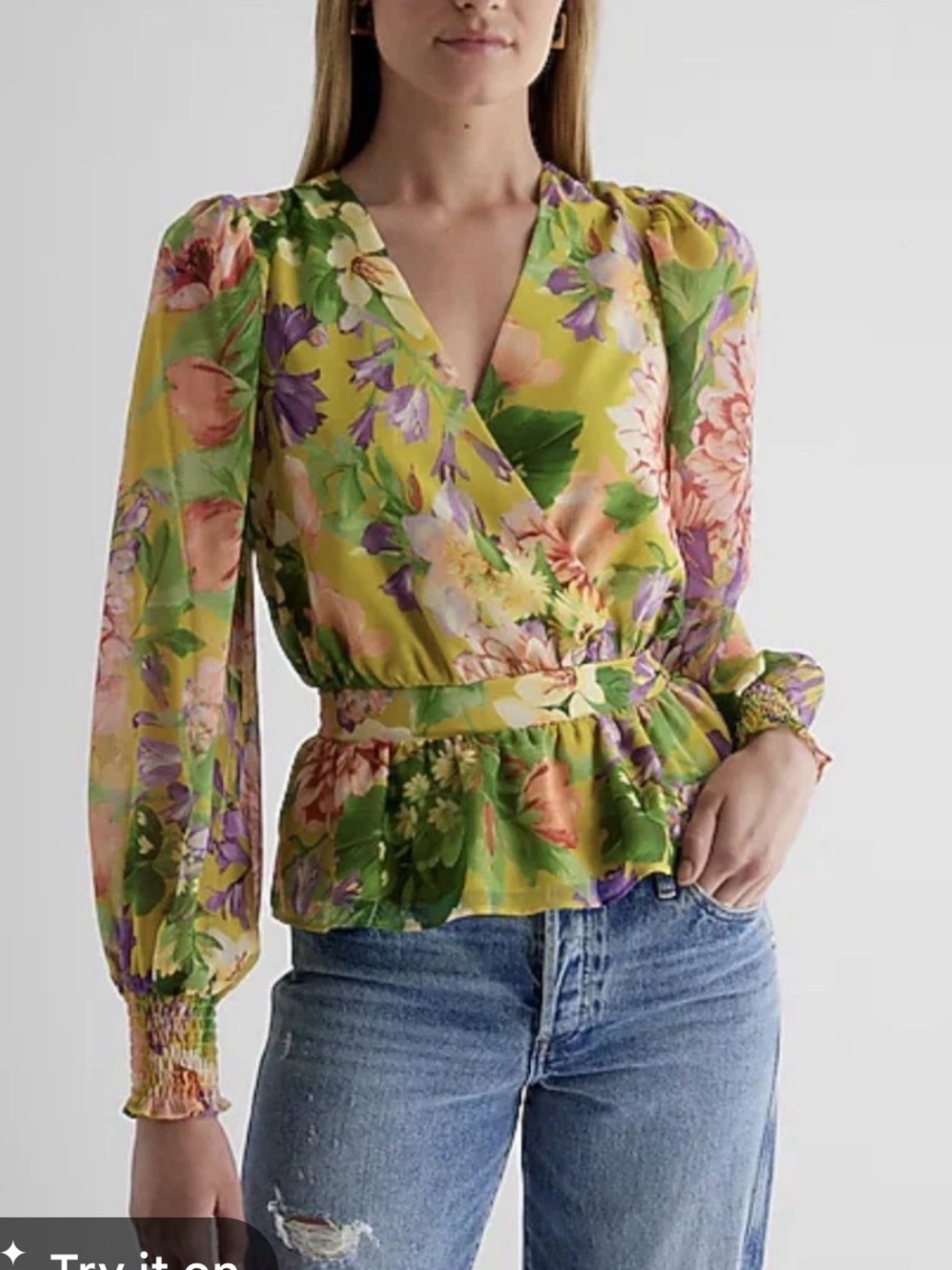 Express Feminine Yellow Green Floral v-neck peplum smocked puff sleeve Blouse S